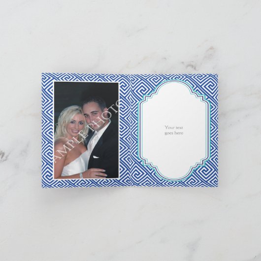 Griekse sleutel en aqua blauwe kolom bruiloft Dank Bedankkaart (Binnen)