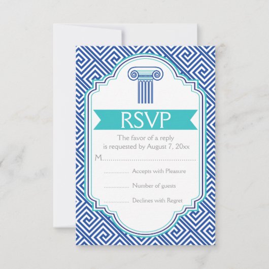 Griekse sleutel en aqua, blauwe kolom bruiloft RSV RSVP Kaartje (Voorkant)