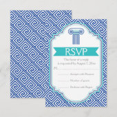 Griekse sleutel en aqua, blauwe kolom bruiloft RSV RSVP Kaartje (Voorkant / Achterkant)