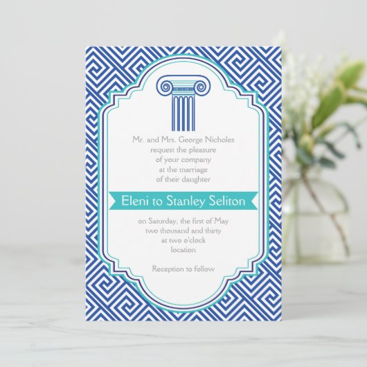 Griekse sleutel en aqua, blauwe kolom Griekse brui Kaart (Staand voorkant)