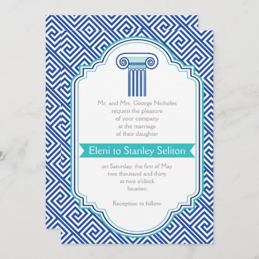 Griekse sleutel en aqua, blauwe kolom Griekse brui Kaart (Voorkant / Achterkant)