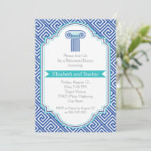 Griekse sleutel en blauwe kolom bruiloft repetitie kaart (Staand voorkant)