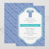 Griekse sleutel en blauwe kolom bruiloft repetitie kaart (Voorkant / Achterkant)