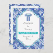 Griekse sleutel en blauwe kolom bruiloft Save the Aankondigingskaart (Voorkant / Achterkant)