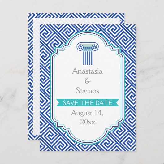 Griekse sleutel en blauwe kolom bruiloft Save the  Aankondigingskaart (Voorkant / Achterkant)