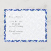 Griekse sleutel en blauwe kolom bruiloft Save the Aankondigingskaart (Achterkant)