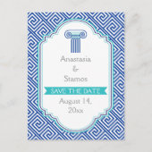 Griekse sleutel en blauwe kolom bruiloft Save the Aankondigingskaart (Voorkant)