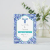 Griekse sleutel en blauwe kolom bruiloft Save the Aankondigingskaart (Staand voorkant)