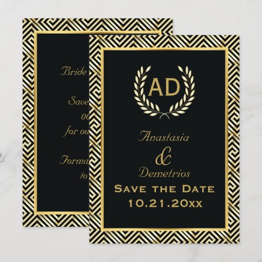 Griekse sleutel en laurierkrans bruiloft Save the  Date (Voorkant / Achterkant)