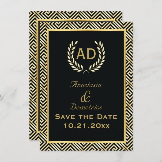 Griekse sleutel en laurierkrans bruiloft Save the Save The Date (Voorkant / Achterkant)