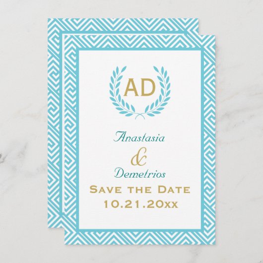 Griekse sleutel en lauwerkrans blauwgroen verzoek save the date (Voorkant / Achterkant)