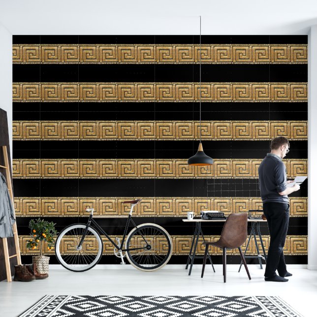 Griekse Sleutel Goud op Zwarte Ontwerper  Behang (Woonkamer)