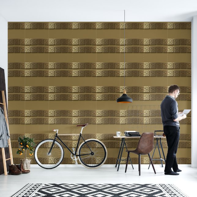 Griekse Sleutel Gouden 3D Clair-obscur Ontwerper Behang (Woonkamer)