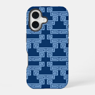 Griekse Sleutel Meander Laag in Blauwe Indigo iPhone 16 Hoesje