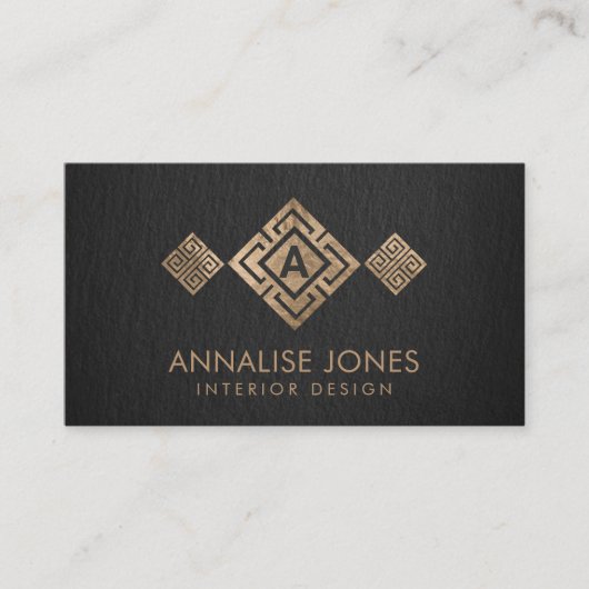 Griekse Sleutel Meander Monogram Goud op Zwart Visitekaartje (Voorkant)