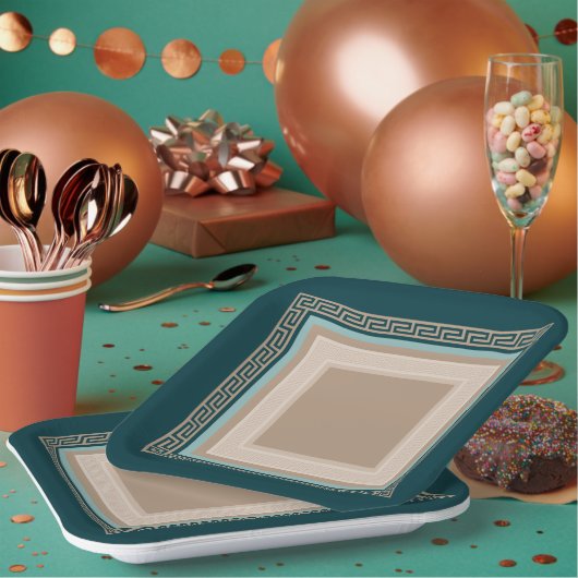 Griekse sleutel - Meander - Taupe en Green Papieren Bordje (Multi)
