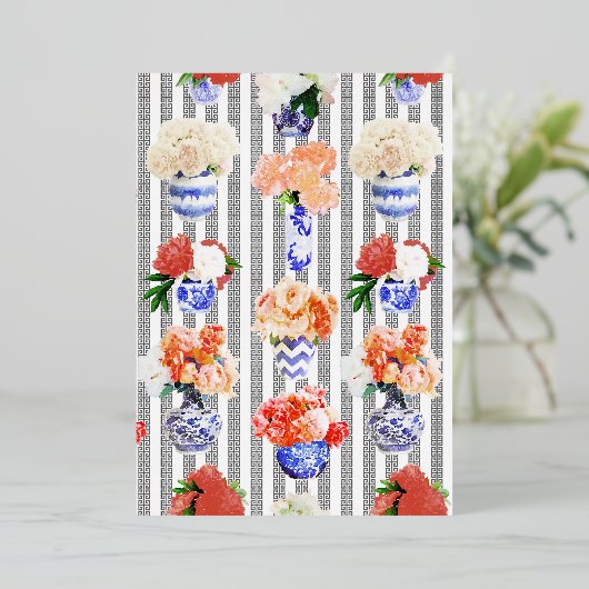 Griekse sleutel met pioenen folie uitnodiging (Staand Voorkant)