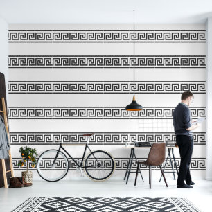 Griekse Sleutel Minimalistische Zwarte op Witte On Behang