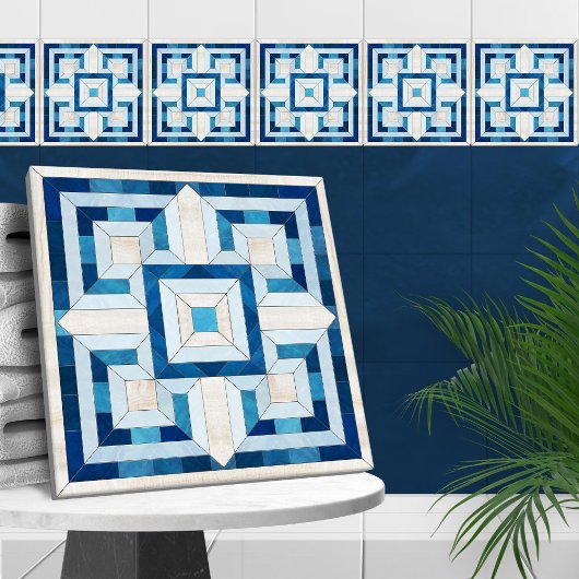 Griekse Sleutel Mozaïek - Travertijn en Blauw Marm Tegeltje