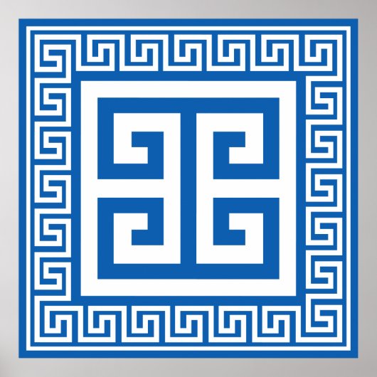 Griekse Sleutel Patroon Wit En Blauwe Ontwerp Poster (Voorkant)