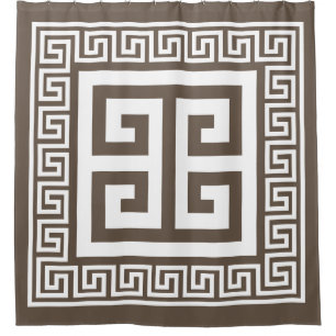 Griekse Sleutel Patroon Wit En Bruin Design Douchegordijn
