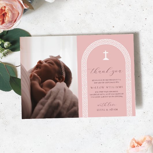 Griekse sleutel roze foto doop bedankje kaart