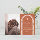 Griekse sleutel Terracotta foto doop bedankje Kaart (Staand voorkant)