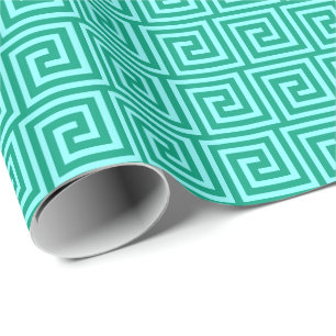 Griekse sleutel, turquoise en aqua cadeaupapier