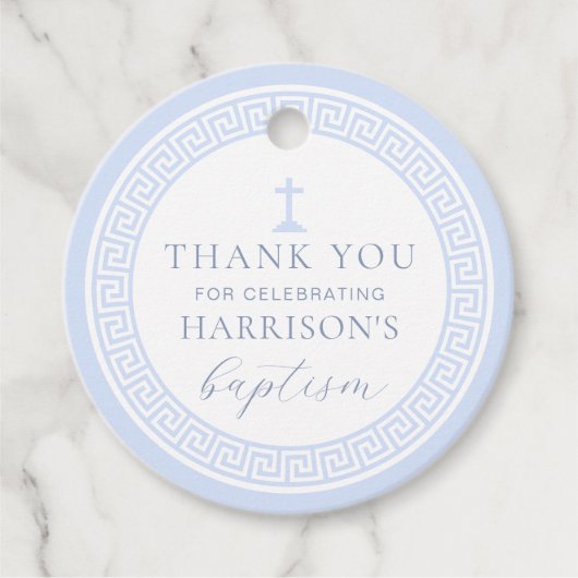 Griekse sleutel wit blauw doop dank u bedankjes labels (Voorkant)