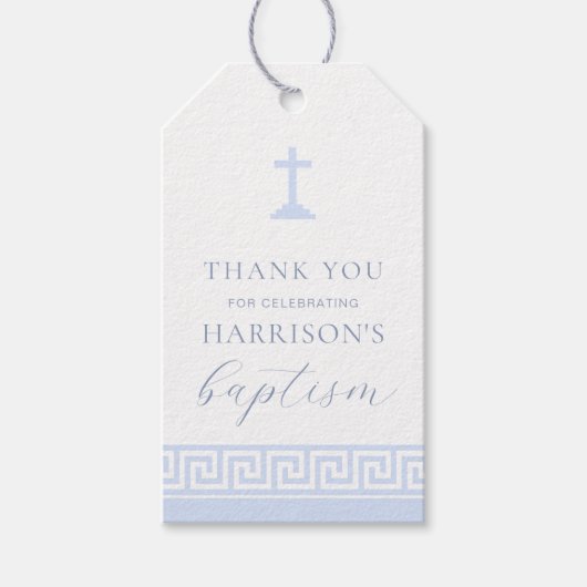 Griekse sleutel wit blauw doop dank u cadeaulabel (Voorkant)