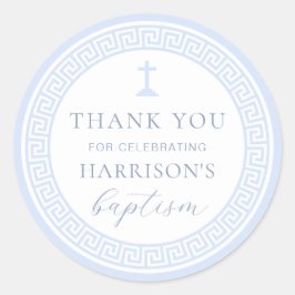 Griekse sleutel wit blauw doop dank u ronde sticker