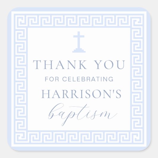 Griekse sleutel wit blauw doop dank u vierkante sticker (Voorkant)
