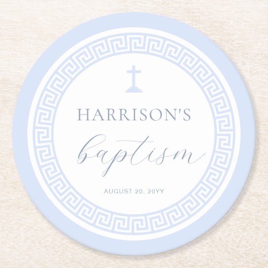 Griekse Sleutel Wit Blauw Doopsel Ronde Kartonnen Onderzetter (Voorkant)