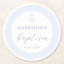 Griekse Sleutel Wit Blauw Doopsel Ronde Kartonnen Onderzetter