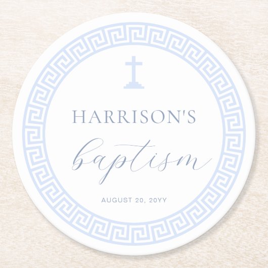 Griekse Sleutel Wit Blauw Doopsel Ronde Kartonnen Onderzetter (Voorkant)