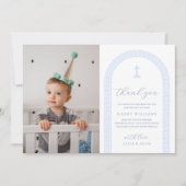 Griekse sleutel wit blauw foto doop bedankje kaart (Voorkant)