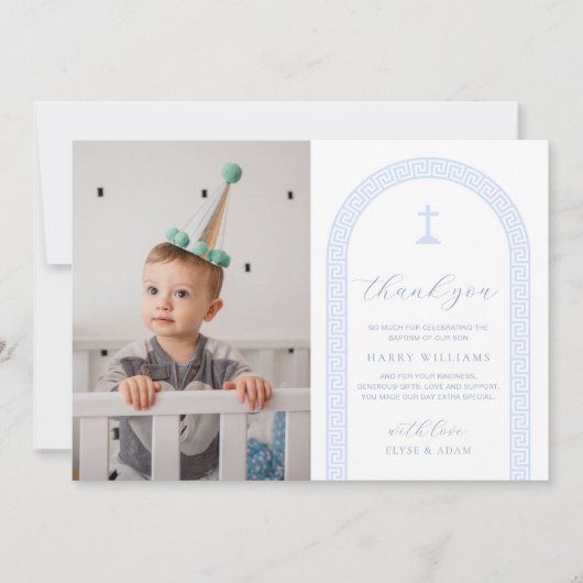 Griekse sleutel wit blauw foto doop bedankje kaart (Voorkant)