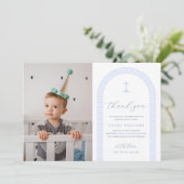 Griekse sleutel wit blauw foto doop bedankje kaart (Staand voorkant)