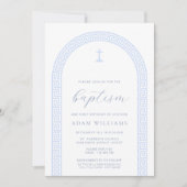 Griekse Sleutelboog Wit Blauw Doopsel Kaart (Voorkant)