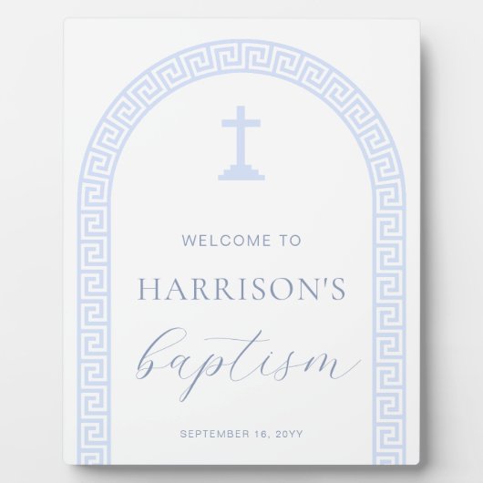 Griekse Sleutelboog Wit Blauw Dopen Welkomstbord Fotoplaat (Voorkant)