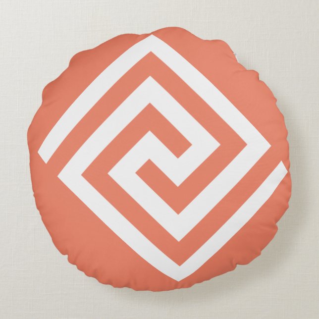 Griekse Sleutelpatroon Oranje Witte Cadeau Trendy  Rond Kussen (Achterkant)