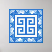 Griekse Sleutelpatroon Wit En Blauw Canvasprint