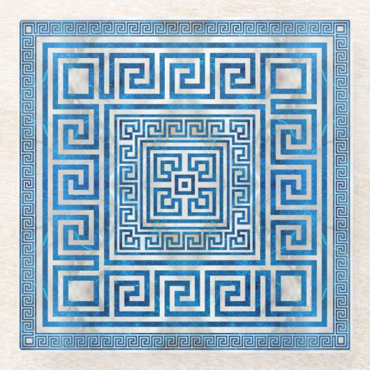 Griekse sleutelversiering - Griekse mander - blauw Glazen Onderzetter (Voorkant)