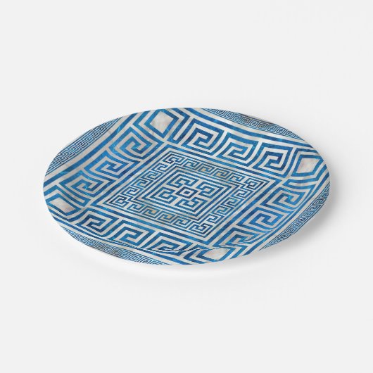 Griekse sleutelversiering - Griekse mander - blauw Papieren Bordje (Gekanteld)