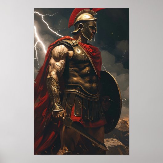 Griekse Spartaanse krijger die voor Lightni staat Poster (Voorkant)