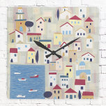 Griekse stad Modern Hedendaags Vierkante Klok<br><div class="desc">Moderne hedendaagse kunst geïnspireerd door een vissersdorp op het Griekse eiland Chalki. Originele kunst van Nic Squirrell.</div>