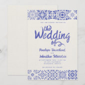Griekse tegels blauw wit aquarel script bruiloft kaart (Voorkant / Achterkant)