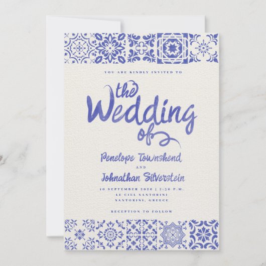 Griekse tegels blauw wit aquarel script bruiloft kaart (Voorkant)