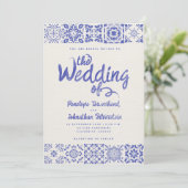 Griekse tegels blauw wit aquarel script bruiloft kaart (Staand voorkant)
