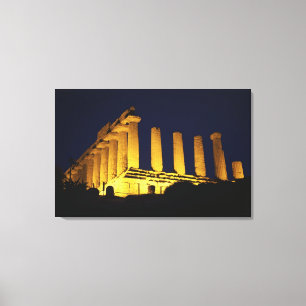 Griekse tempel bij nacht met geelzen en sinaasappe canvas afdruk